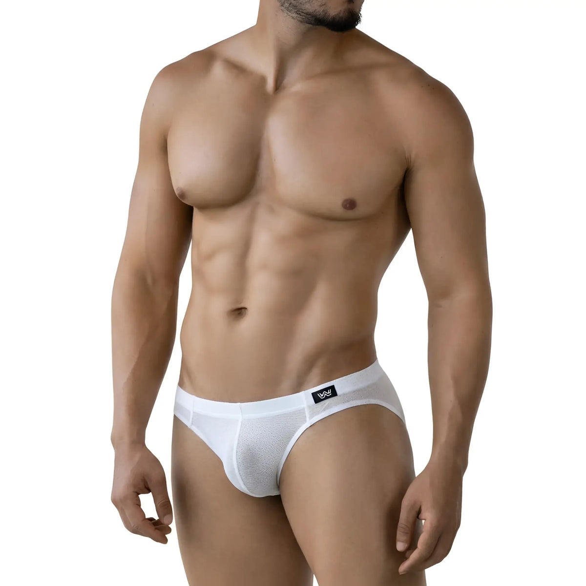 White mesh briefs with black logo waistband by metromalewear perla bikini 5103-18 for breathable comfort