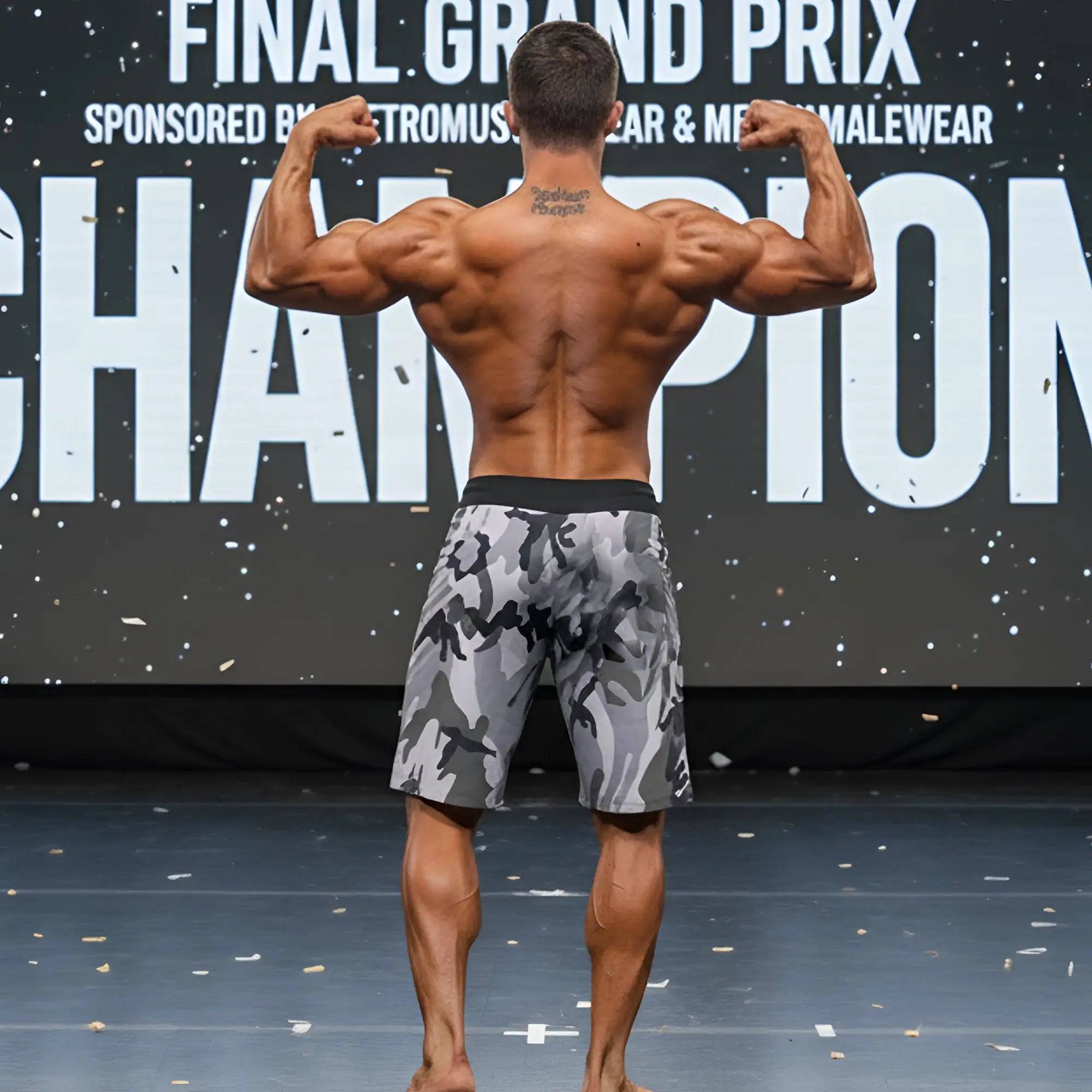 A muscular man stands on stage wearing metroMaleWear physique board short camo 4706-60 with black waistband