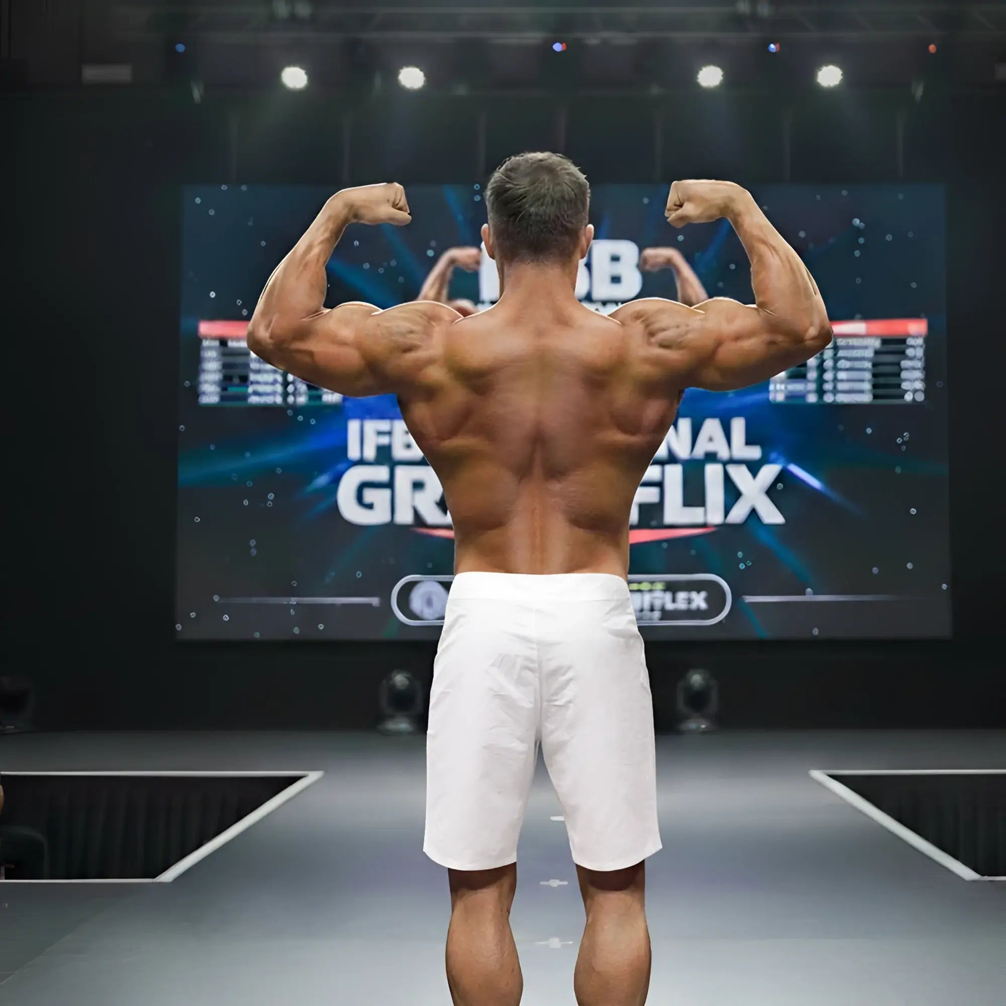 A muscular man wearing white MetroMaleWear physique board short corona 4706-36 shows defined back muscles on stage