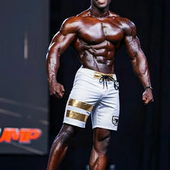 MetroMaleWear physique board short Corona 4706-36 white shorts with gold stripes black logo and drawstring waistband