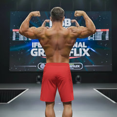 A muscular man shows the back side of metroMalewear physique board short crimson 4706-13 in bright red athletic fabric