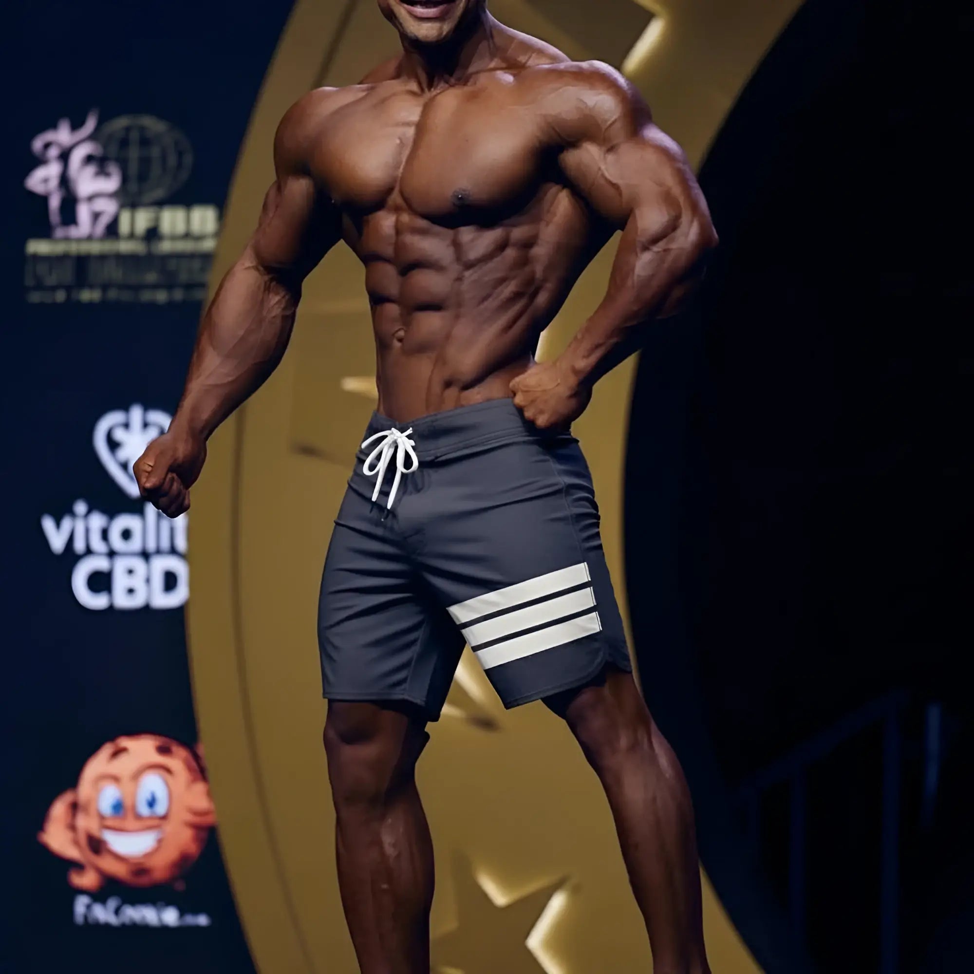 Dark gray metroMalewear physique board shorts with three white side stripes and matching drawstring waistband