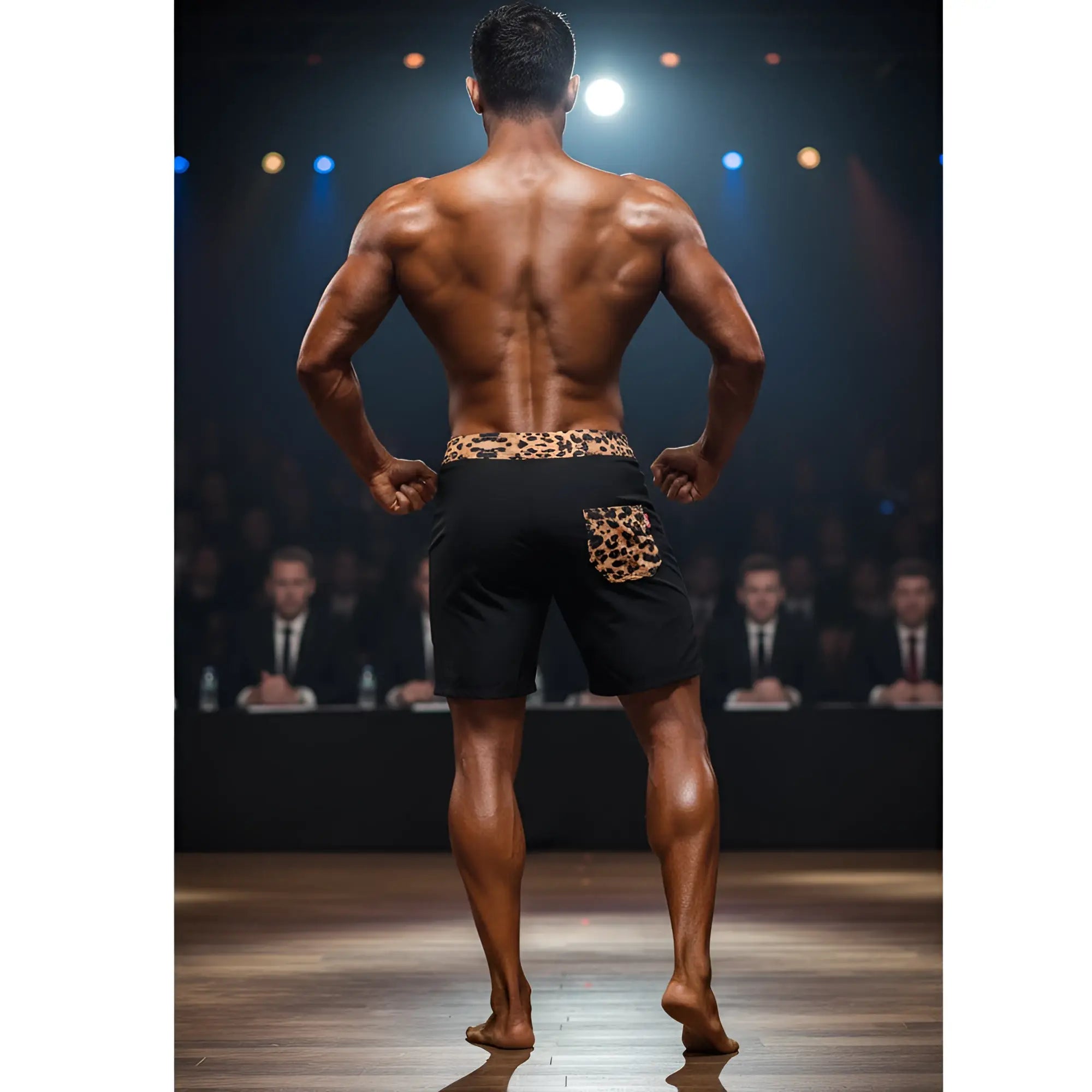 Black MetroMaleWear physique board short featuring leopard print waistband and pocket for casual wear