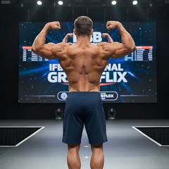A muscular man showcases the back side of metro malewear physique board short navy 4706-28 on stage flexing muscles