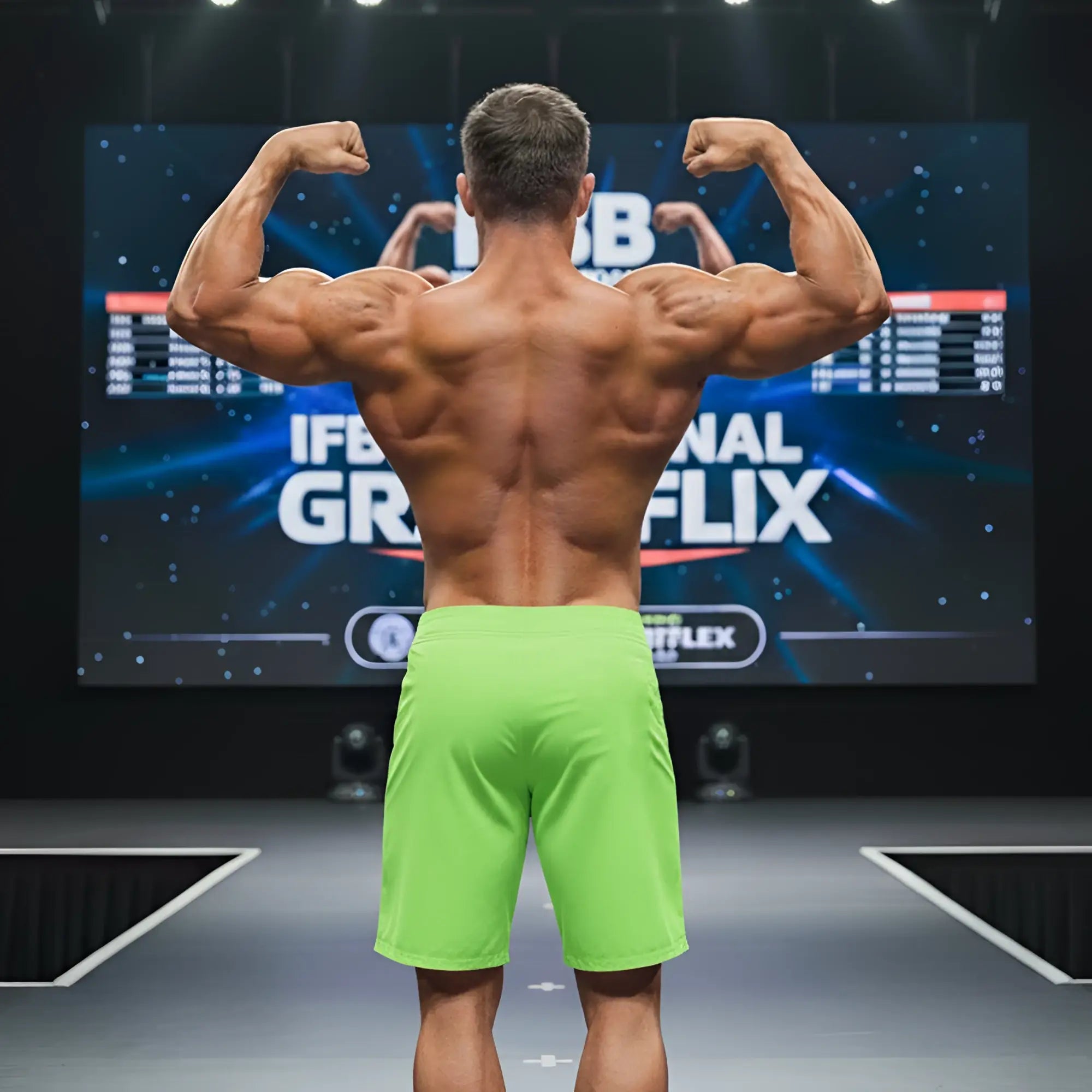 A muscular man shows the back of metroMalewear physique board short neon green 4706-07 on stage