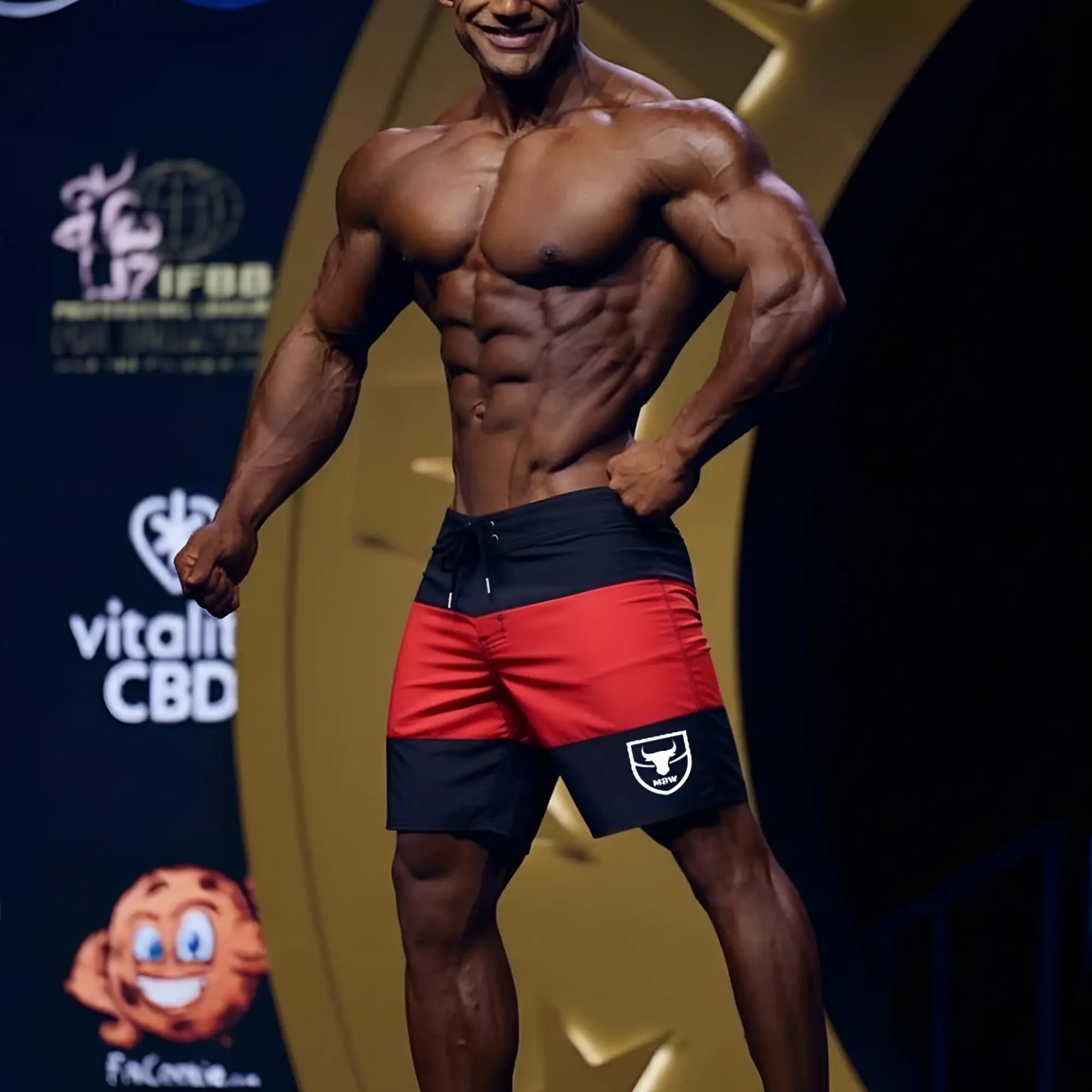 A muscular man wearing metroMalewear physique board short red in red and black with white bull logo on left leg
