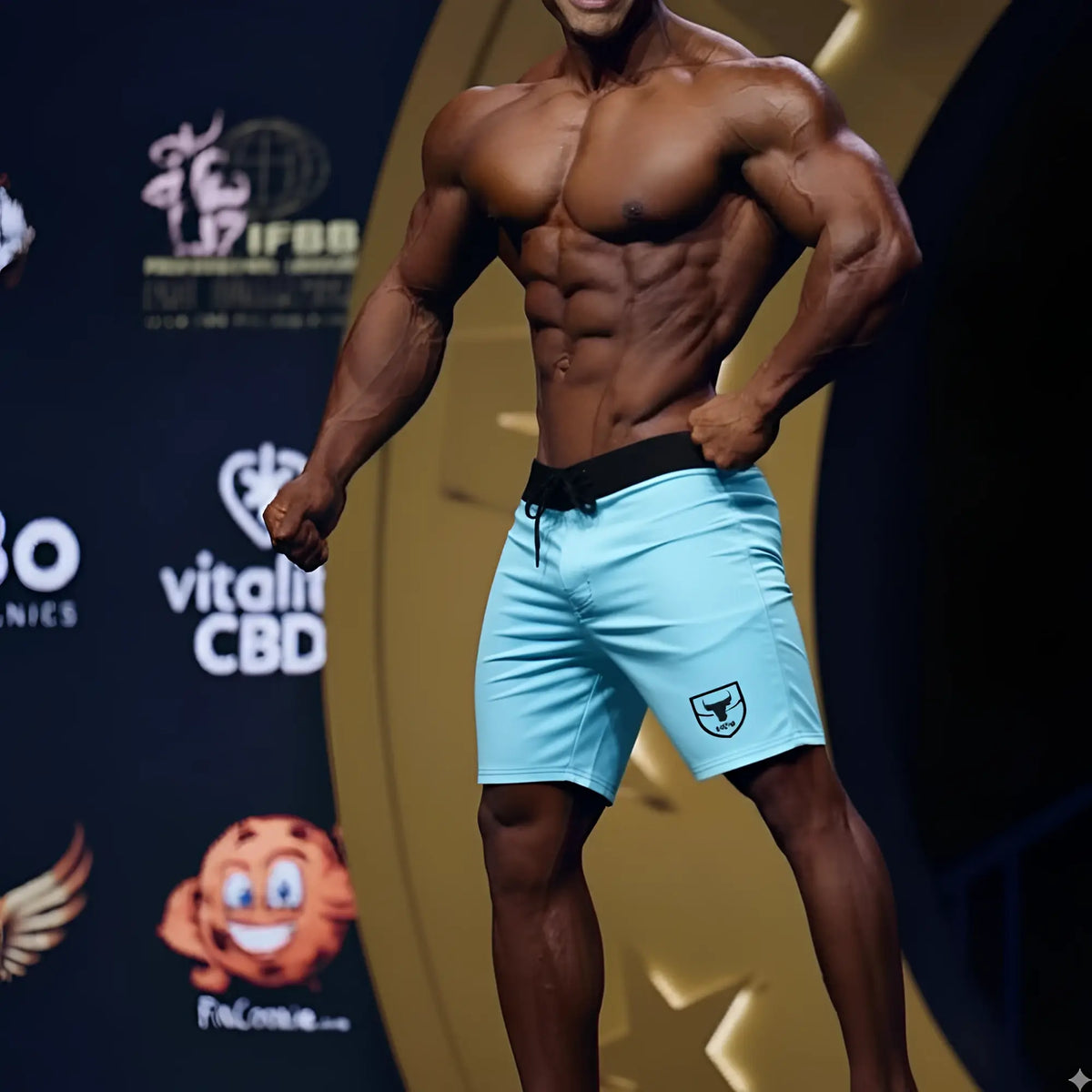 MetroMaleWear physique board short sky 4706-06 light blue athletic shorts with black waistband and shield logo on left leg