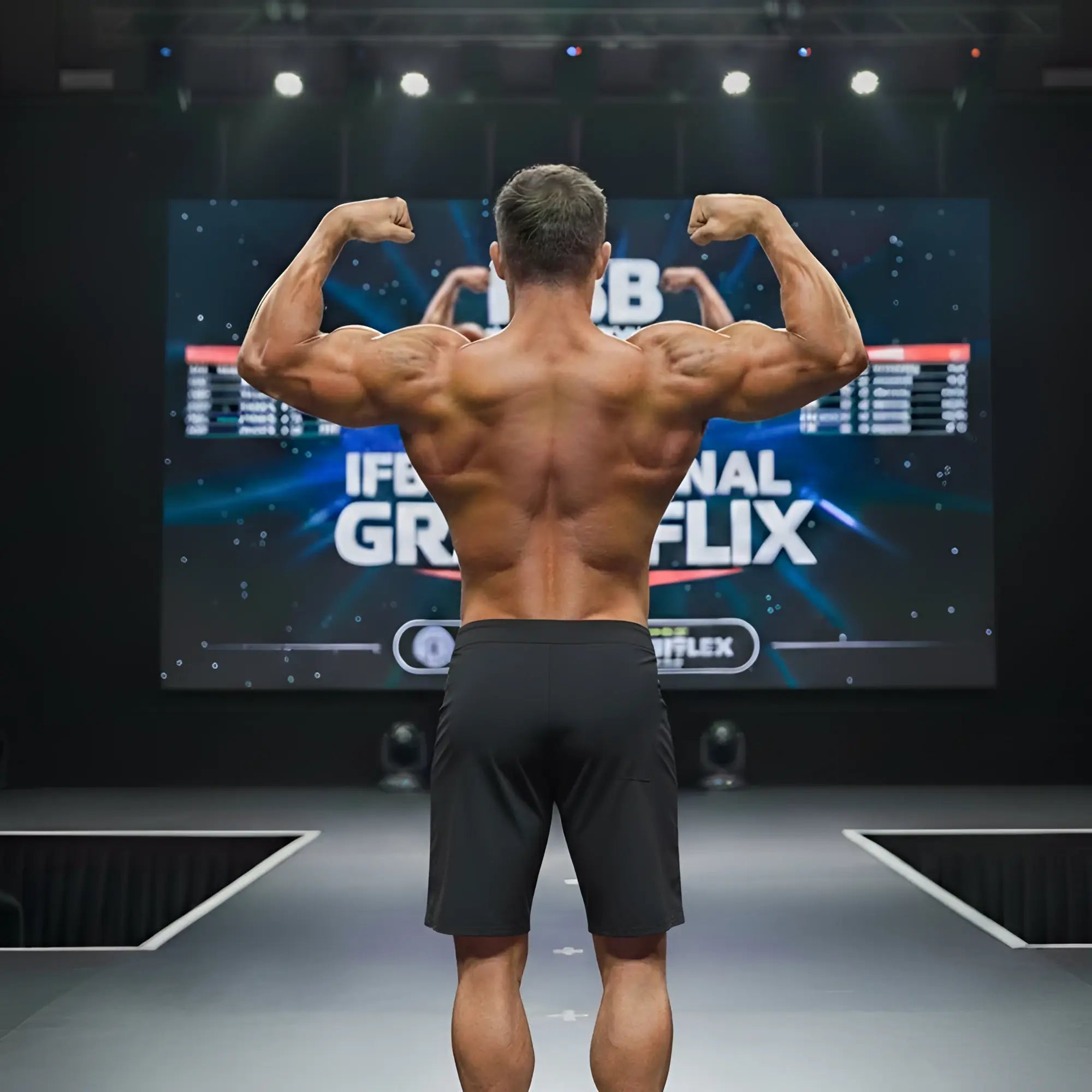 A muscular man shows the back side of black MetroMaleWear Physique board shorts with stripe detailing on stage