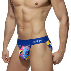 MetroMaleWear Picasso bikini 3004-87 blue and multicolored geometric patterned men’s briefs with bold abstract design