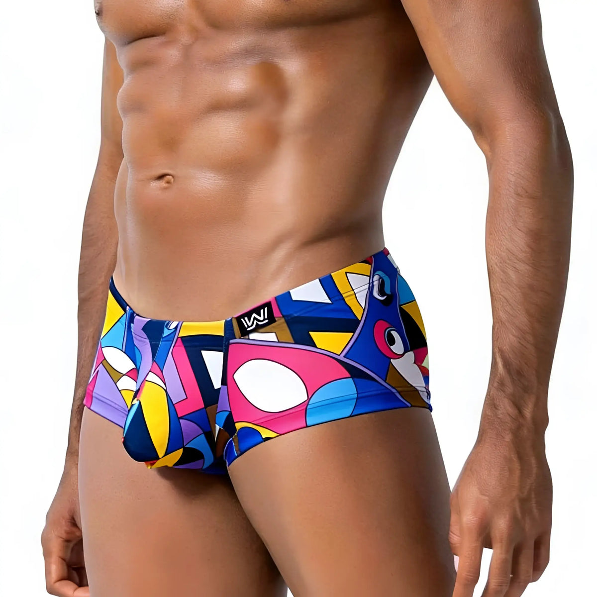 MetroMaleWear Picasso trunk 2125-51 featuring vibrant blue pink yellow and purple geometric abstract patterned swim trunks