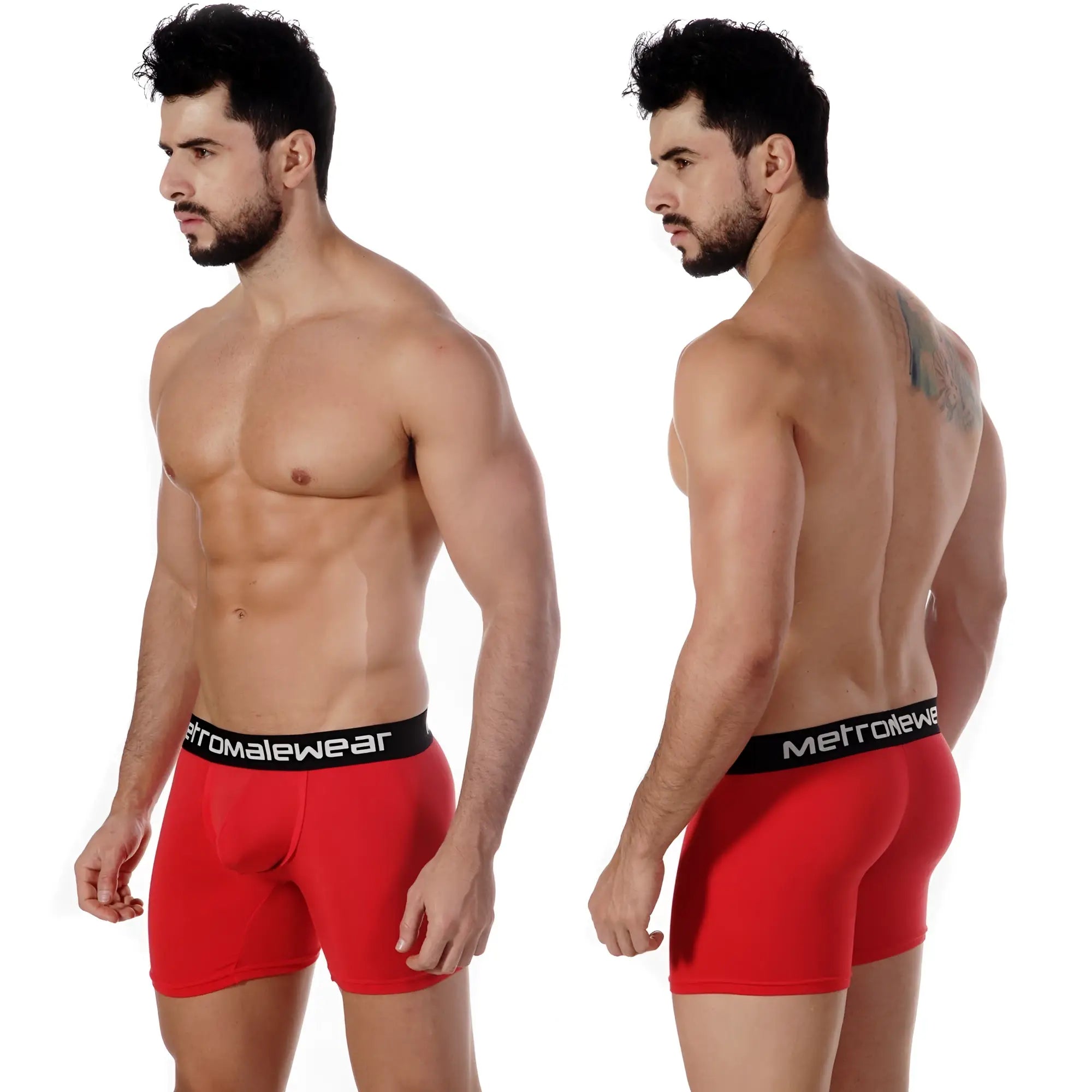 Red men’s boxer briefs with a black elastic waistband branded metromalewear made from pima cotton