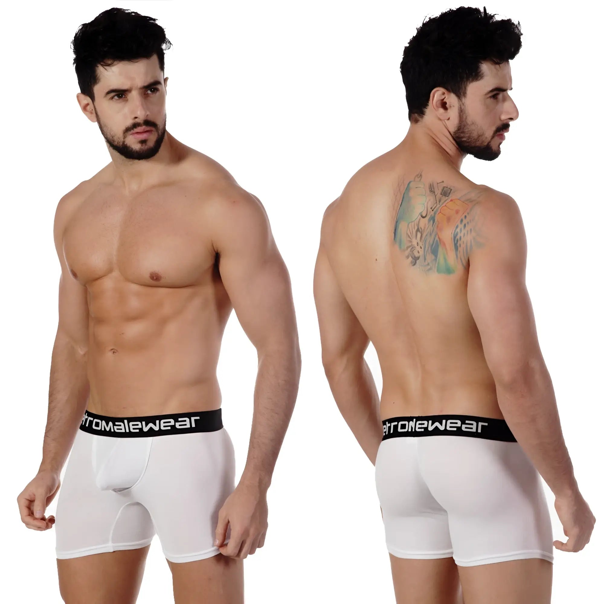 White men’s pima cotton boxer briefs with black waistband and romalewear branding metroMalewear 3027-00