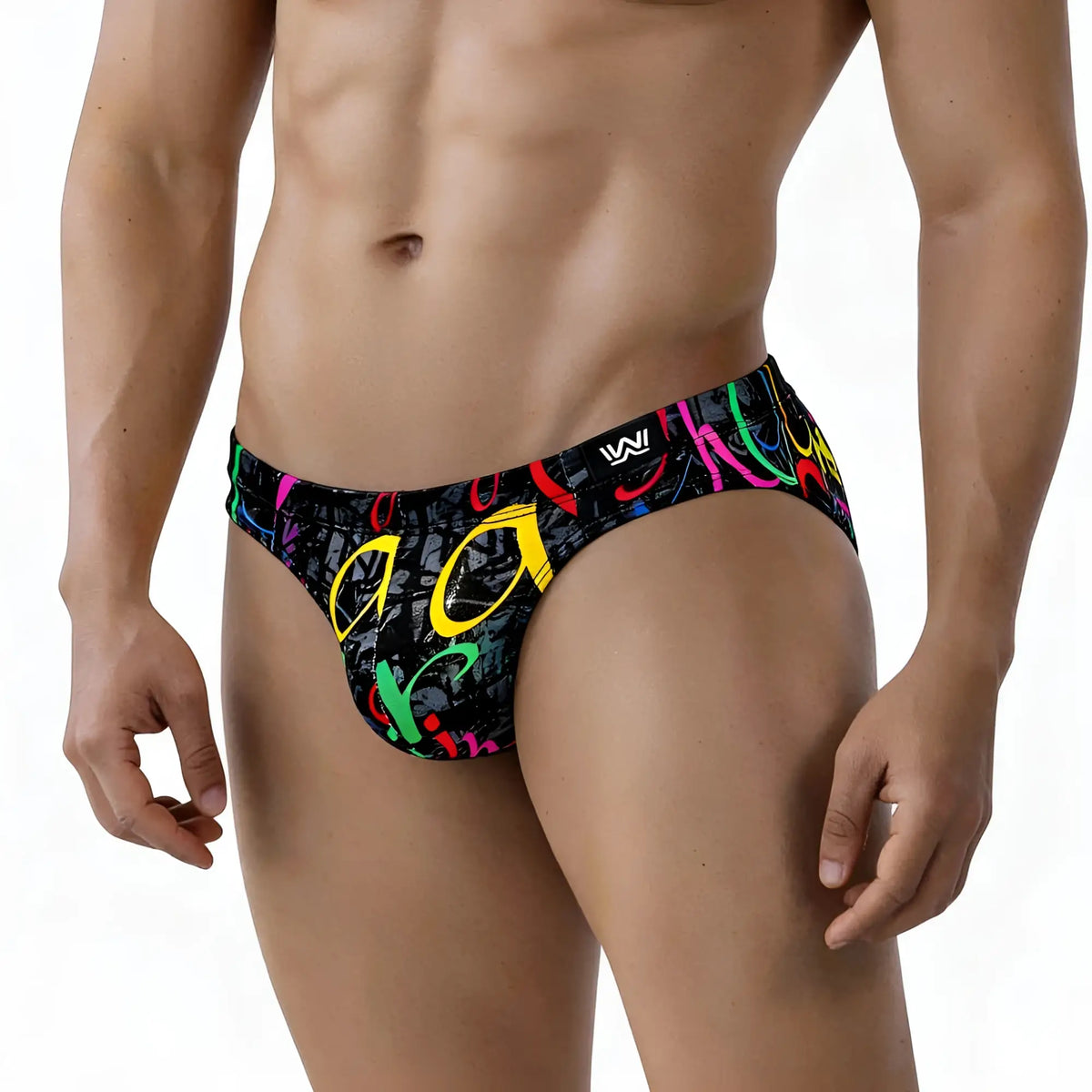 Black metro malewear pinaculo bikini 5103-m85 swim trunks with neon pink yellow green and red graffiti graphic