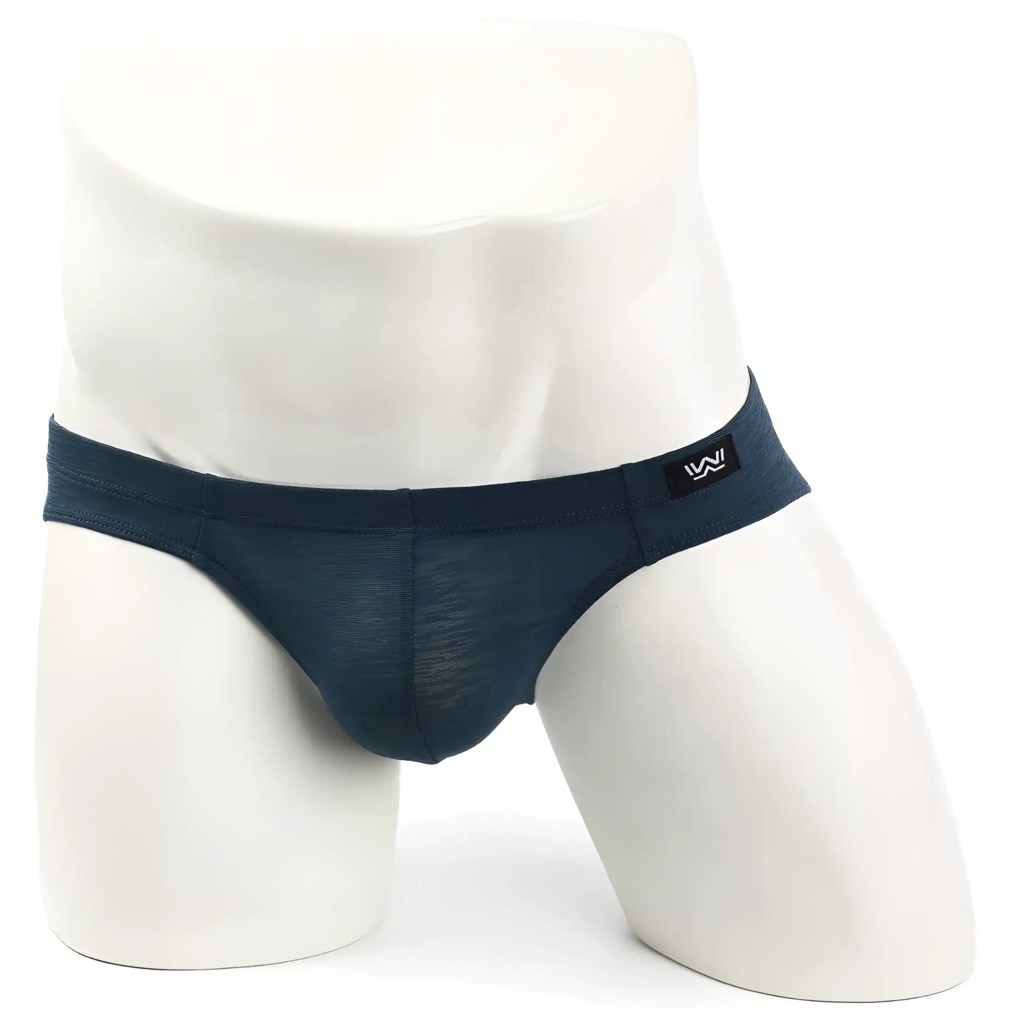 Dark blue sleek form-fitting men’s briefs with subtle textured fabric metro male wear pinerolo bikini 5103-86