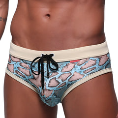 MetroMaleWear piton swim brief turquoise 4916-03 features blue and pink snake-scale pattern with cream waistband and black drawstring