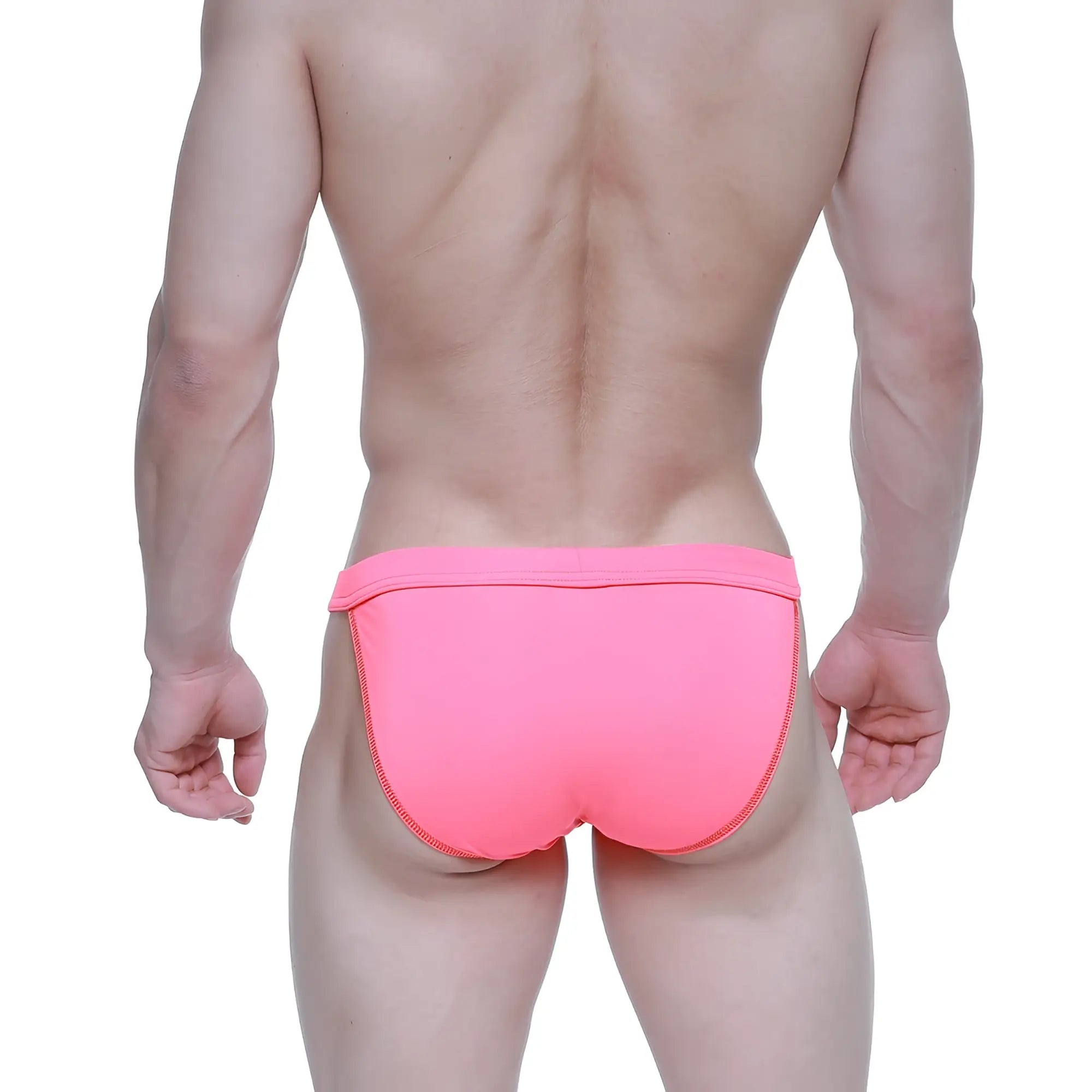 Bright pink snug fit swim trunks with matching zipper detail on the side seam from metromalewear plano bikini 3334-02