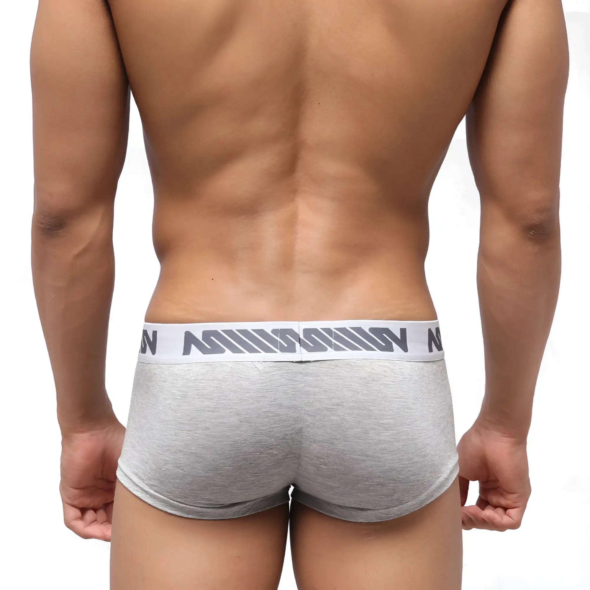 Gray heathered metroMalewear pocket short boxer briefs with white elastic waistband and gray n logo pattern