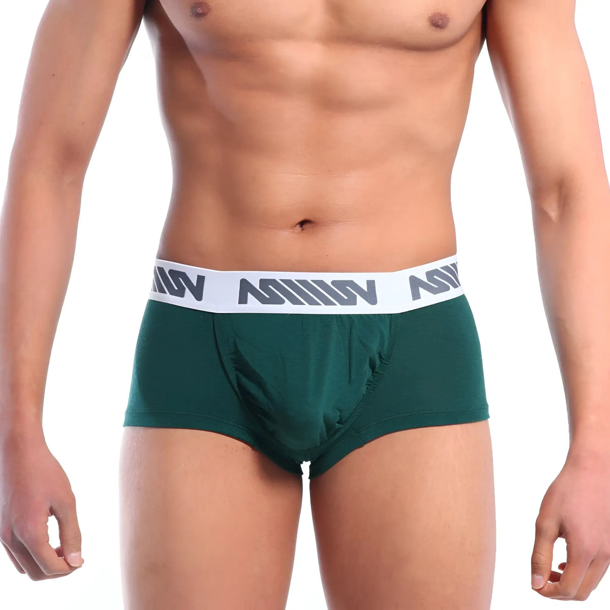 Dark green MetroMaleWear pocket short boxer briefs with white elastic waistband and gray n logo pattern