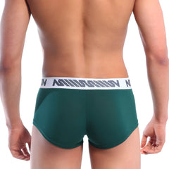 Dark green mens briefs with white elastic waistband and black logo pattern metro malewear pocket short boxer pine green
