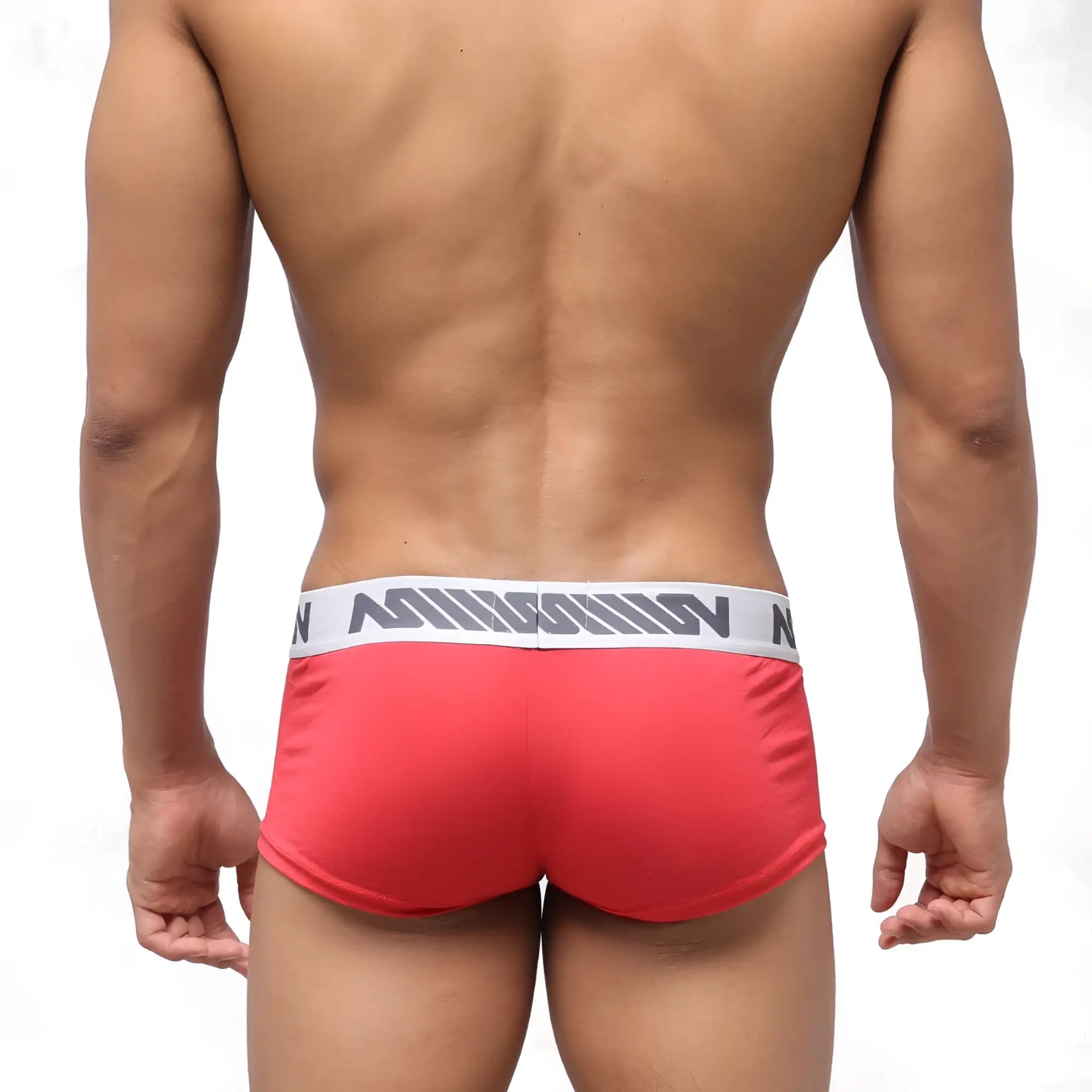 Red men’s briefs metroMalewear pocket short boxer with white elastic waistband and gray mission logo