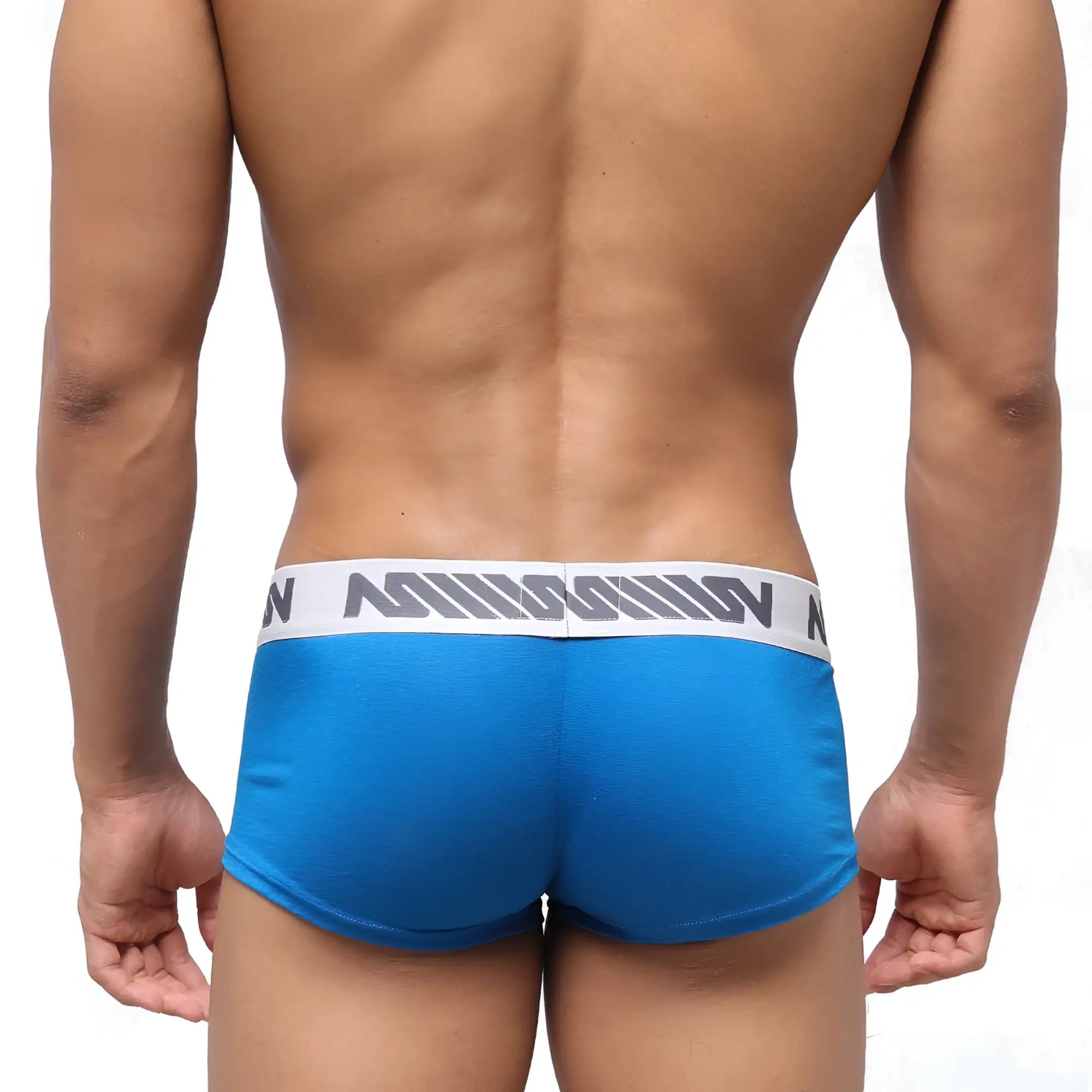 Blue athletic briefs with white waistband gray stripes and misson branding metro male wear pocket short boxer royal blue