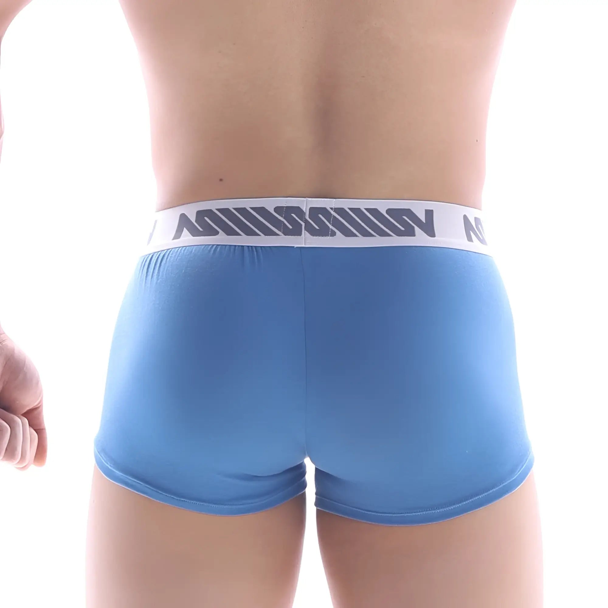 Light blue metro male wear pocket short boxer with white elastic waistband and gray million brand lettering