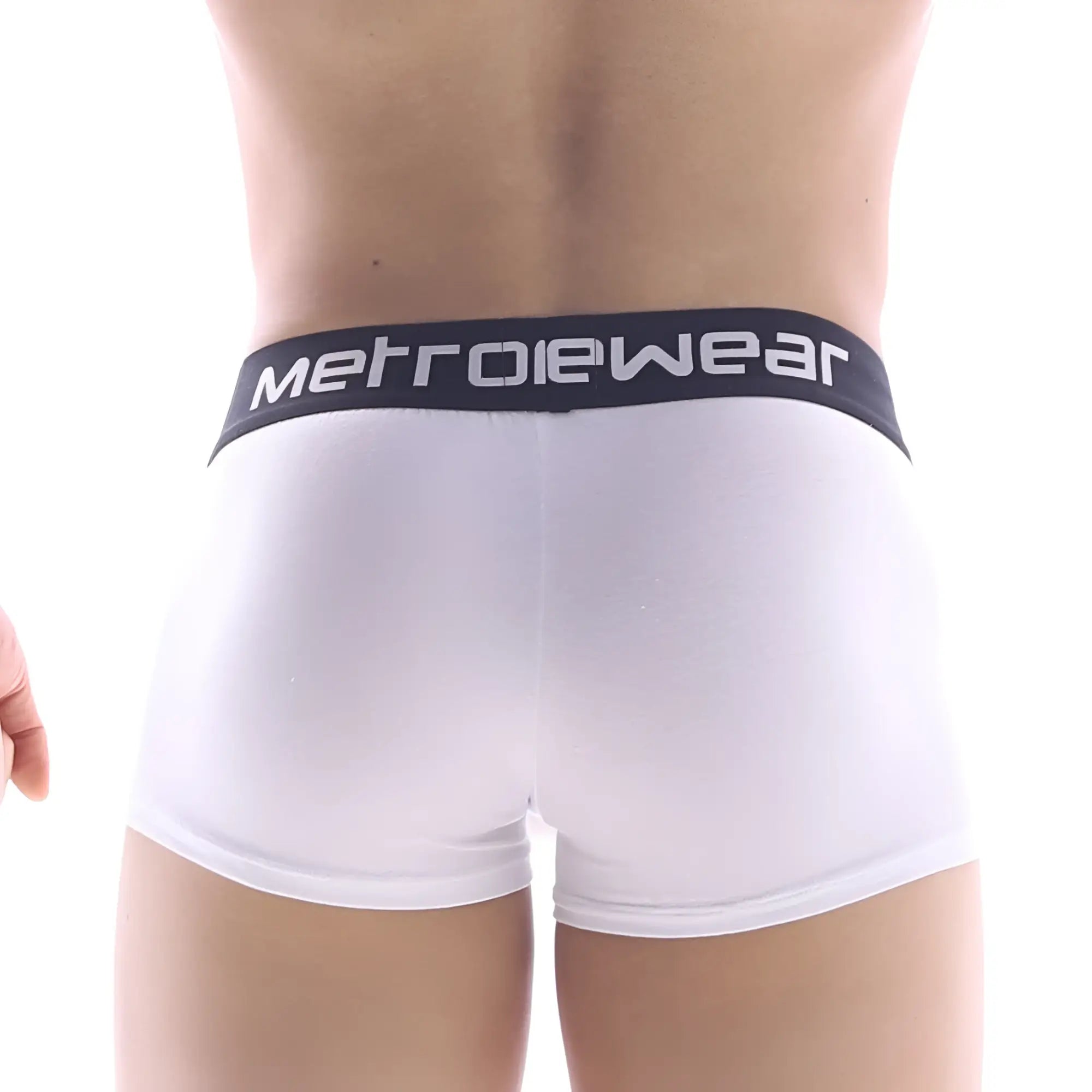 White metrowear pocket short boxer briefs with black waistband and white brand lettering MetroMaleWear 3113-00