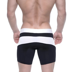 Black and white striped polyester mid boxer briefs with snug form-fitting design from MetroMaleWear Arc 10 inch