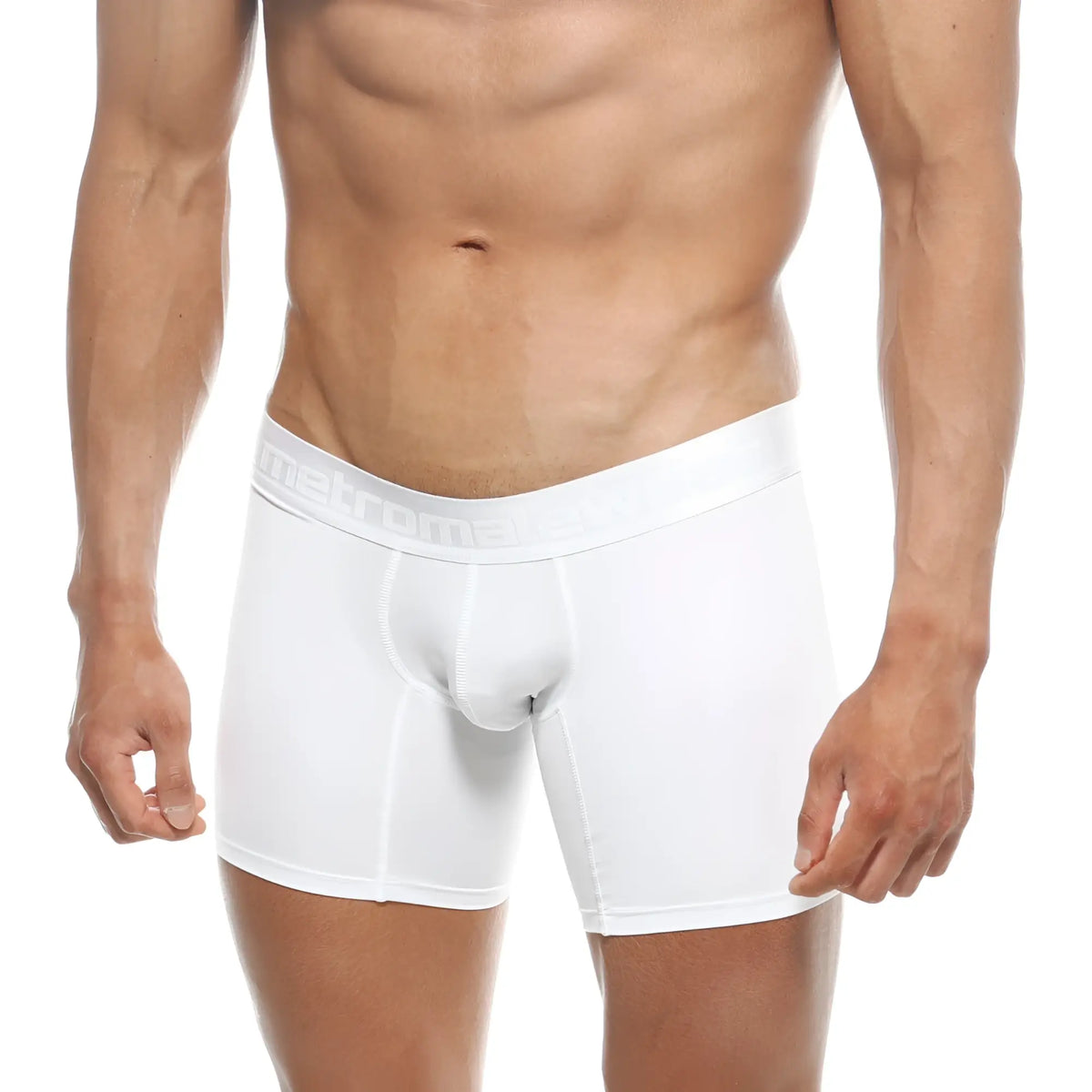 White men’s polyester boxer briefs with subtle elastic waistband embossed with men4one brand name metro malewear
