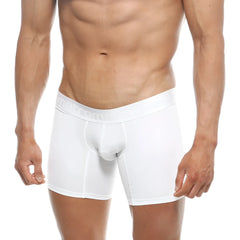 White men’s polyester boxer briefs with subtle elastic waistband embossed with men4one brand name metro malewear