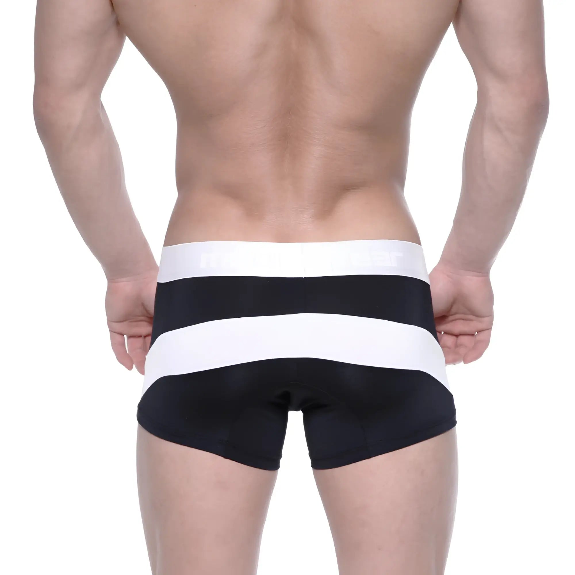 Black and white striped men’s briefs with wide elastic waistband made of polyester from MetroMaleWear short boxer arc