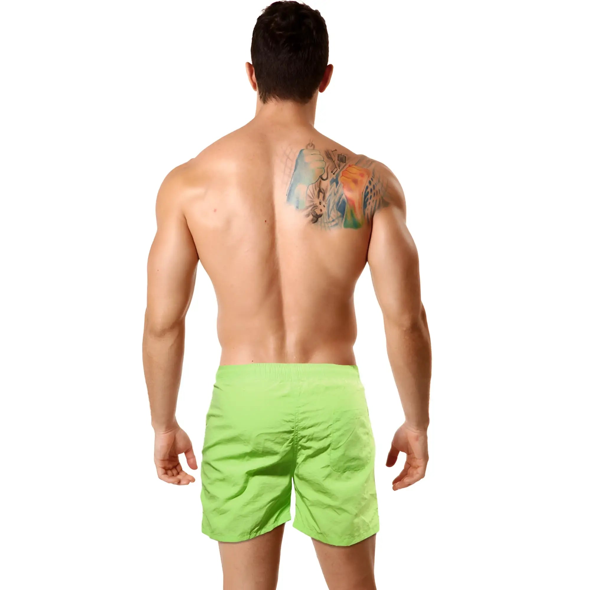 Bright lime green neon green swim trunks by metromalewear designed for pool parties with lightweight quick-dry fabric