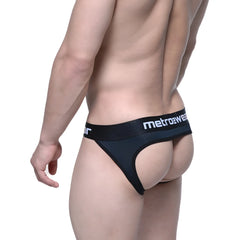 Black MetroMaleWear Pops bikini jock strap thong with white logo on waistband showing the back side of the product