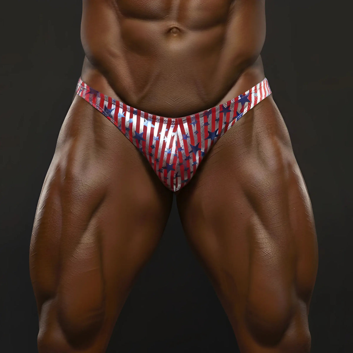 Red white and blue striped american flag patterned briefs with star accents metro male wear allstar posing suit
