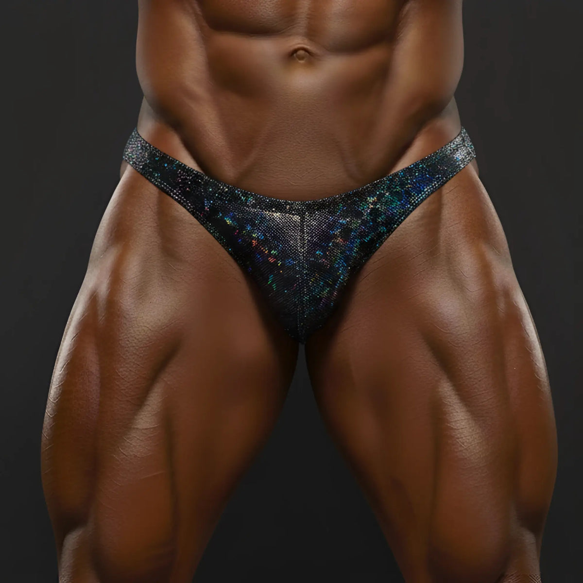 Shimmering black and blue holographic MetroMaleWear posing briefs with crystal bowl pattern for bodybuilding use