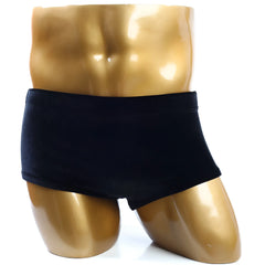 Black velvet briefs by metromalewear classic bodybuilding trunk displayed on a golden mannequin front view