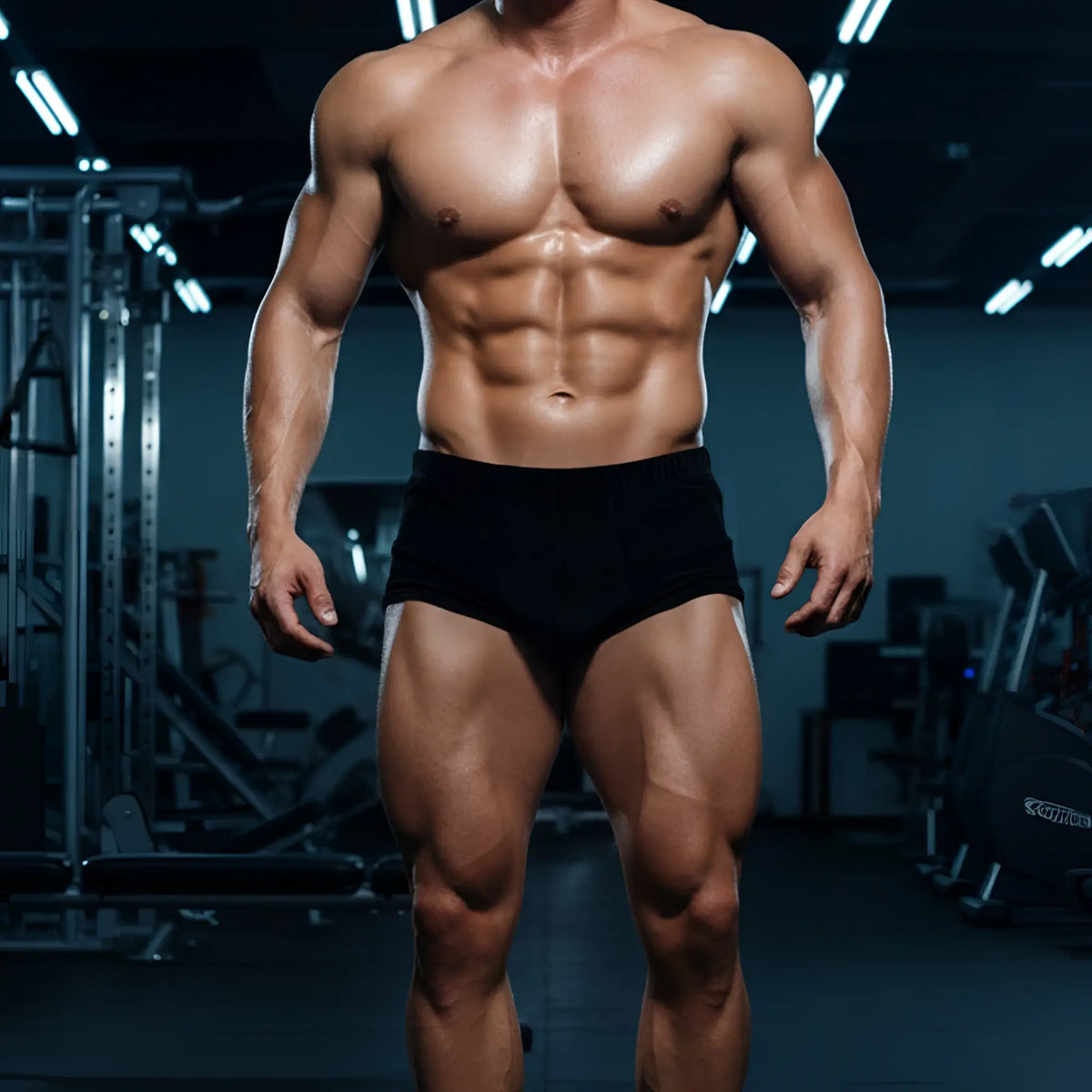 A muscular man wearing black velvet metroMalewear classic bodybuilding trunks 6 inch for posing wear