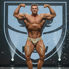 A muscular man wearing MetroMaleWear posingwear hologram gold shiny competition briefs with number 38 on his hip