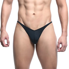 Black form-fitting thong made of smooth stretchy fabric from metromalewear posingwear ifbb pro posing suit front view
