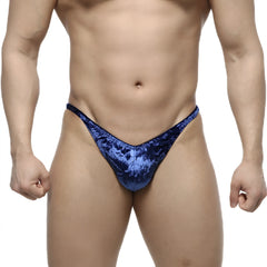 Blue velvet thong with a shimmering textured finish from metromalewear posingwear ifbb pro posing suit blue collection