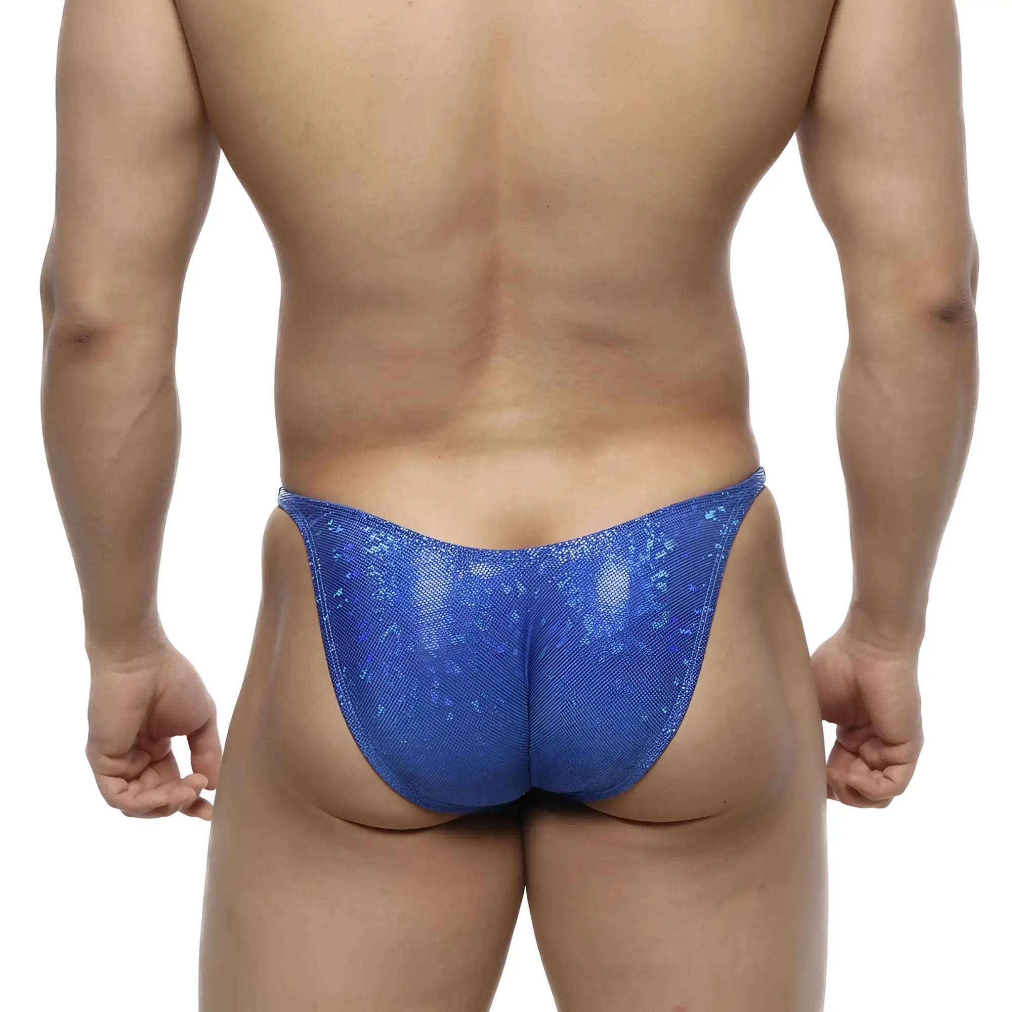 Blue sequined thong with shiny textured surface from MetroMaleWear posingwear IFBB PRO posing suit dazzling blue collection
