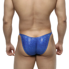 Blue sequined thong with shiny textured surface from MetroMaleWear posingwear IFBB PRO posing suit dazzling blue collection