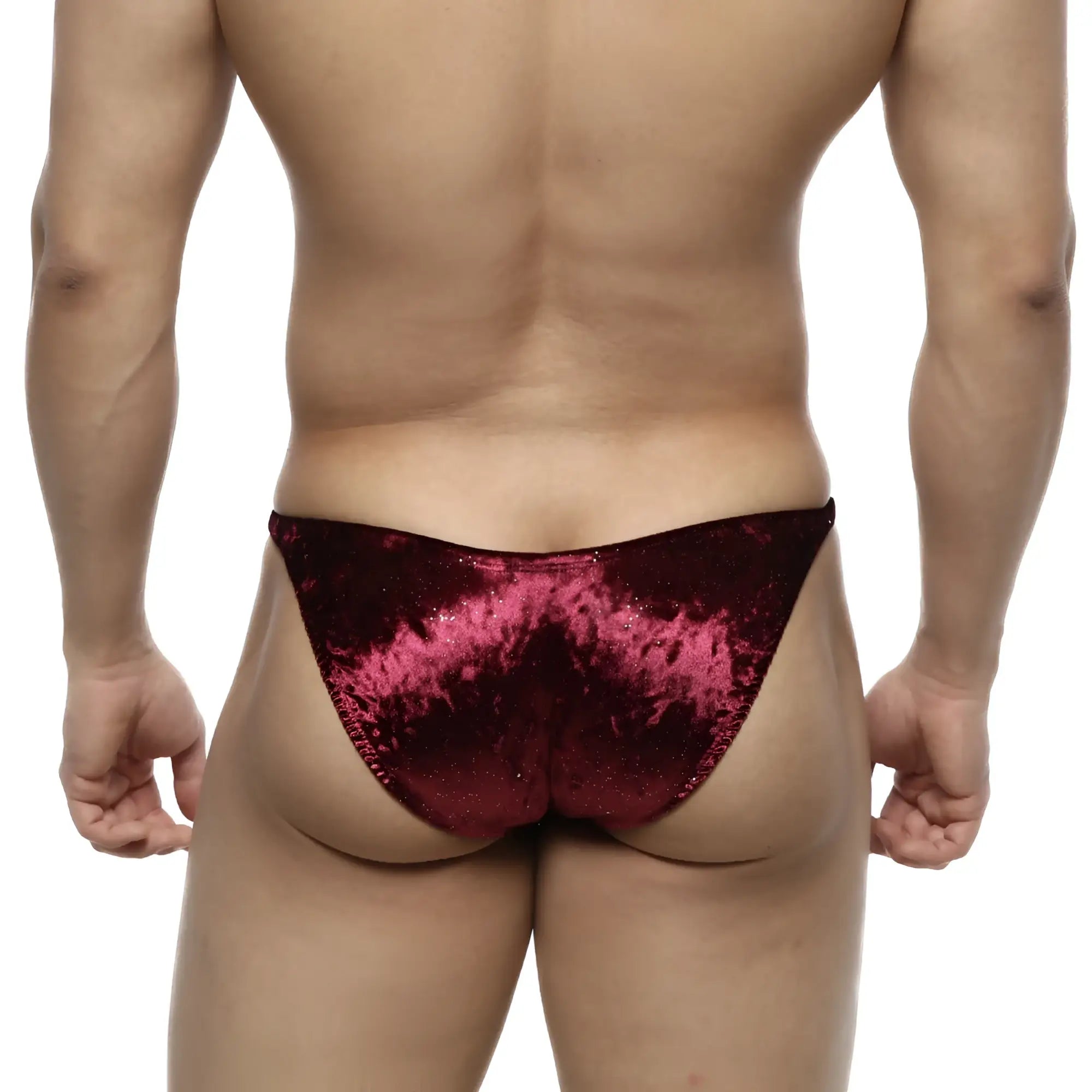 MetroMaleWear IFBB PRO posing suit burgundy velvet brief with glittery textured finish for competitive posing
