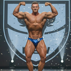 Blue shiny hologram competition briefs with number 20 by MetroMaleWear for posing and bodybuilding events