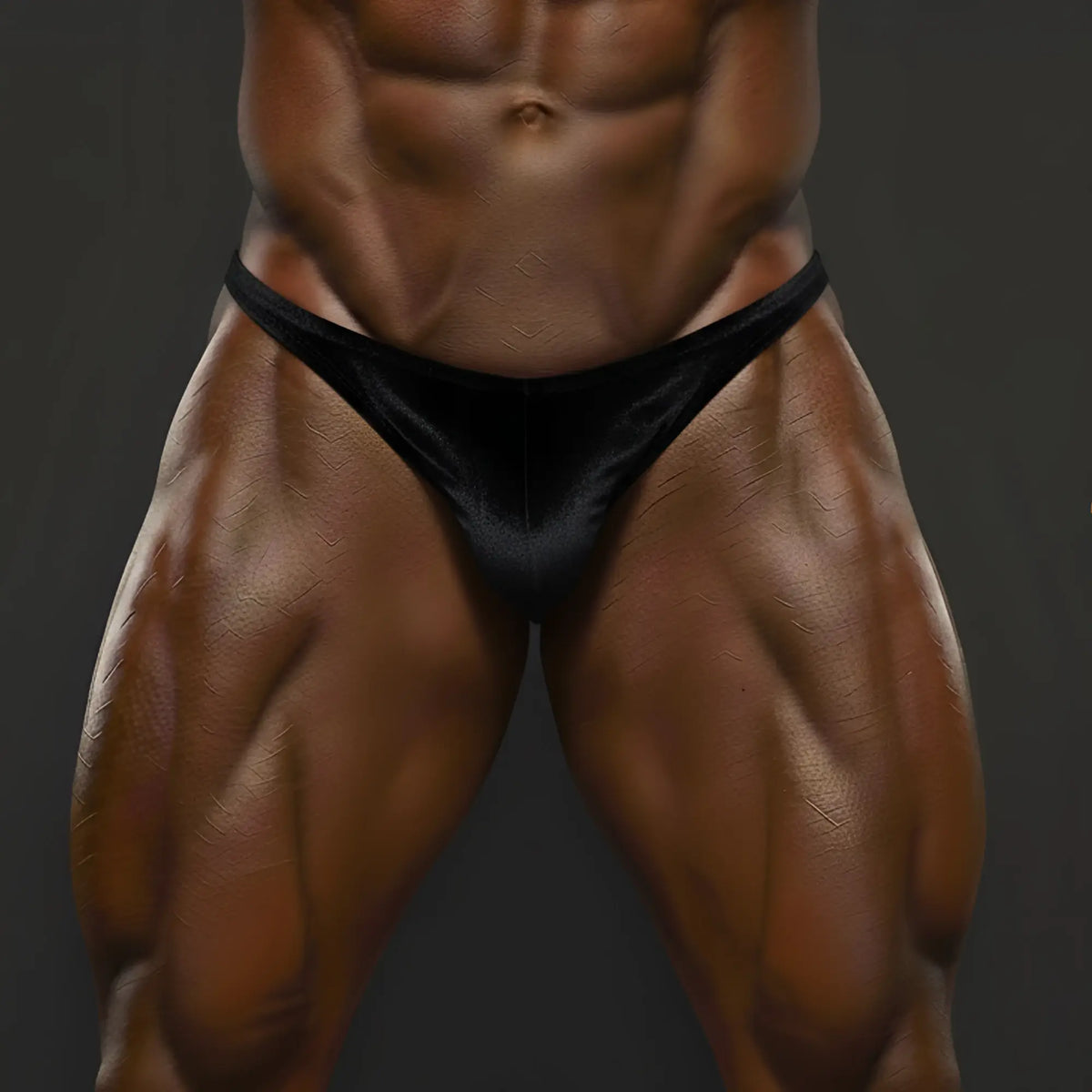 Black velvet briefs by Metromalewear PosingWear designed as a simple black velvet posing suit front view