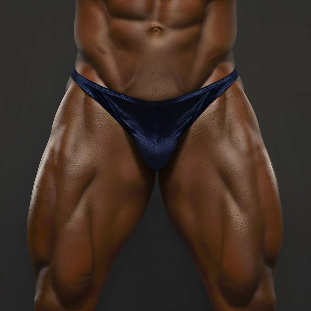 Deep navy blue velvet briefs from MetroMaleWear posingwear simple navy velvet posing suit front view