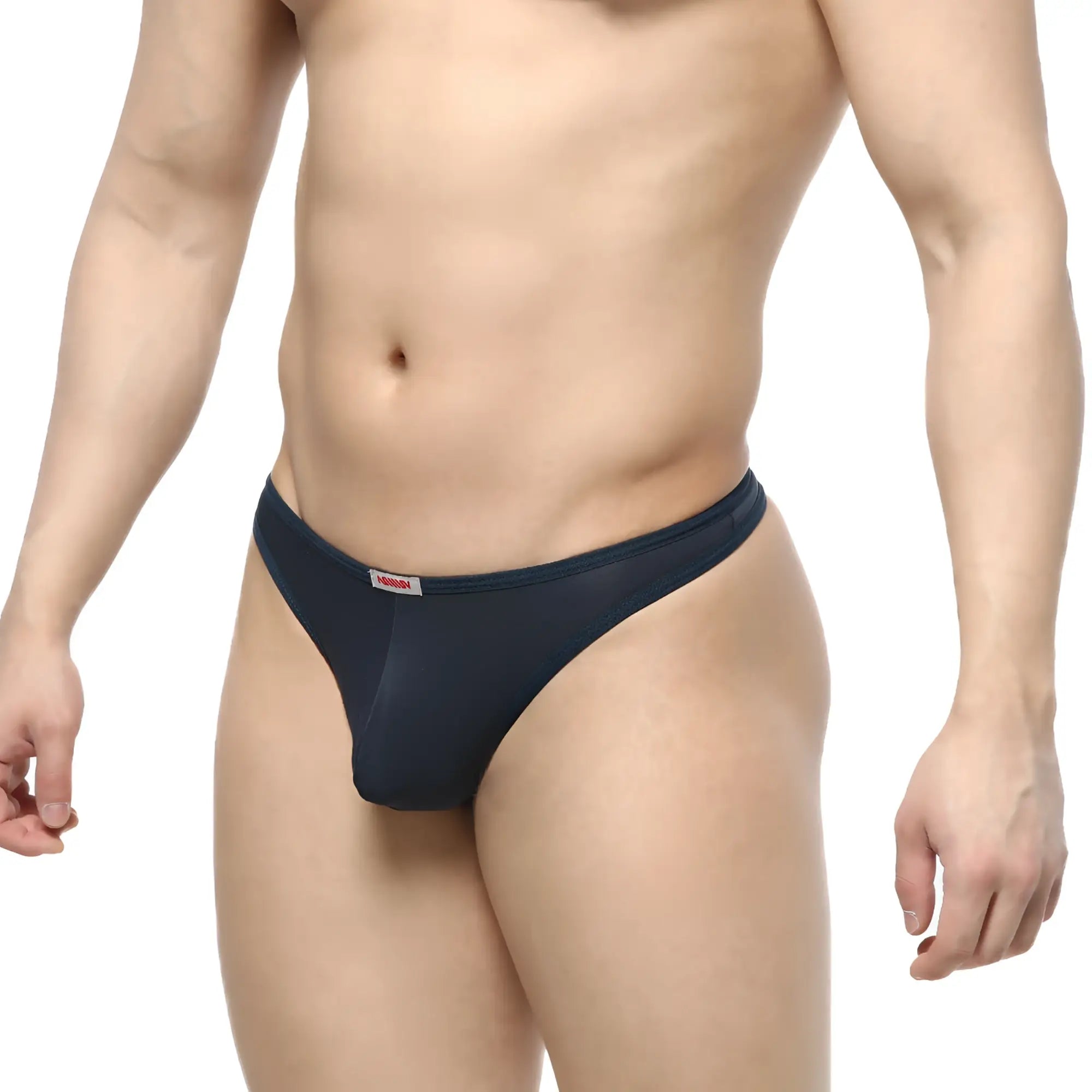 Navymalewear pouch thong in navy blue sheer mesh with a red and white brand tag on the waistband