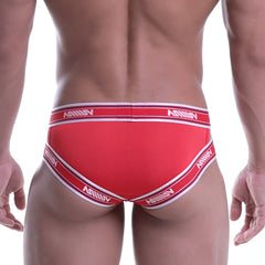 Red metroMalewear power mesh hip brief with white trim and repeating milliv logo on waistband and leg openings
