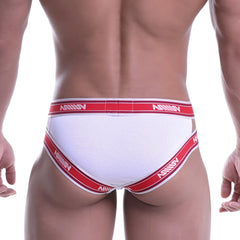 Metro male wear power mesh hip brief white in white mesh with red and white striped avinny elastic bands