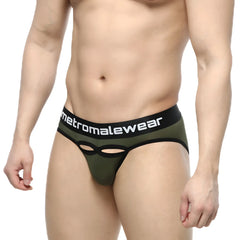 Olive green mesh MetroMaleWear Prado brief with black elastic waistband and distinctive cutout design